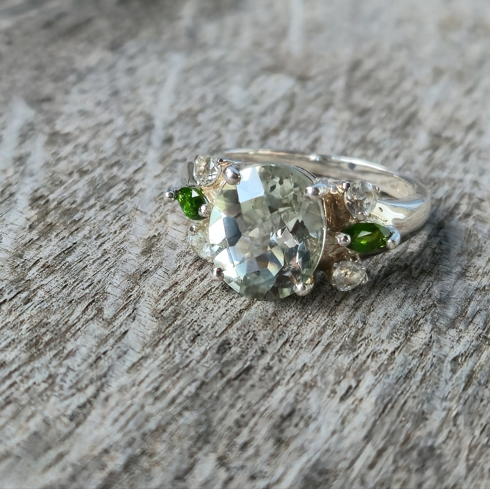 925 Sterling Silver Prasiolite Chrome Diopside White Topaz Designer Sz 9 Ring 💍 - Picture 11 of 16